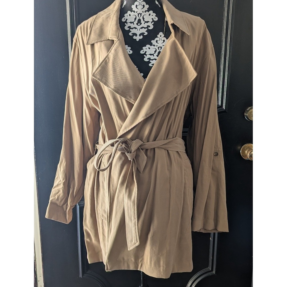 MNG Open Front Flowy Lapel Longline Belted Trench Coat Jacket Womens‎ XL Camel